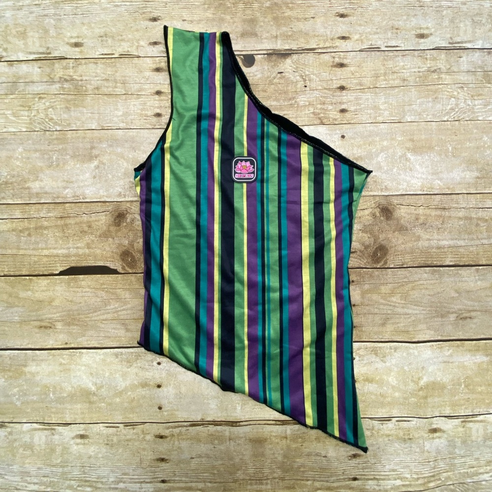 omighty Green and Purple One-Shoulder Striped Top